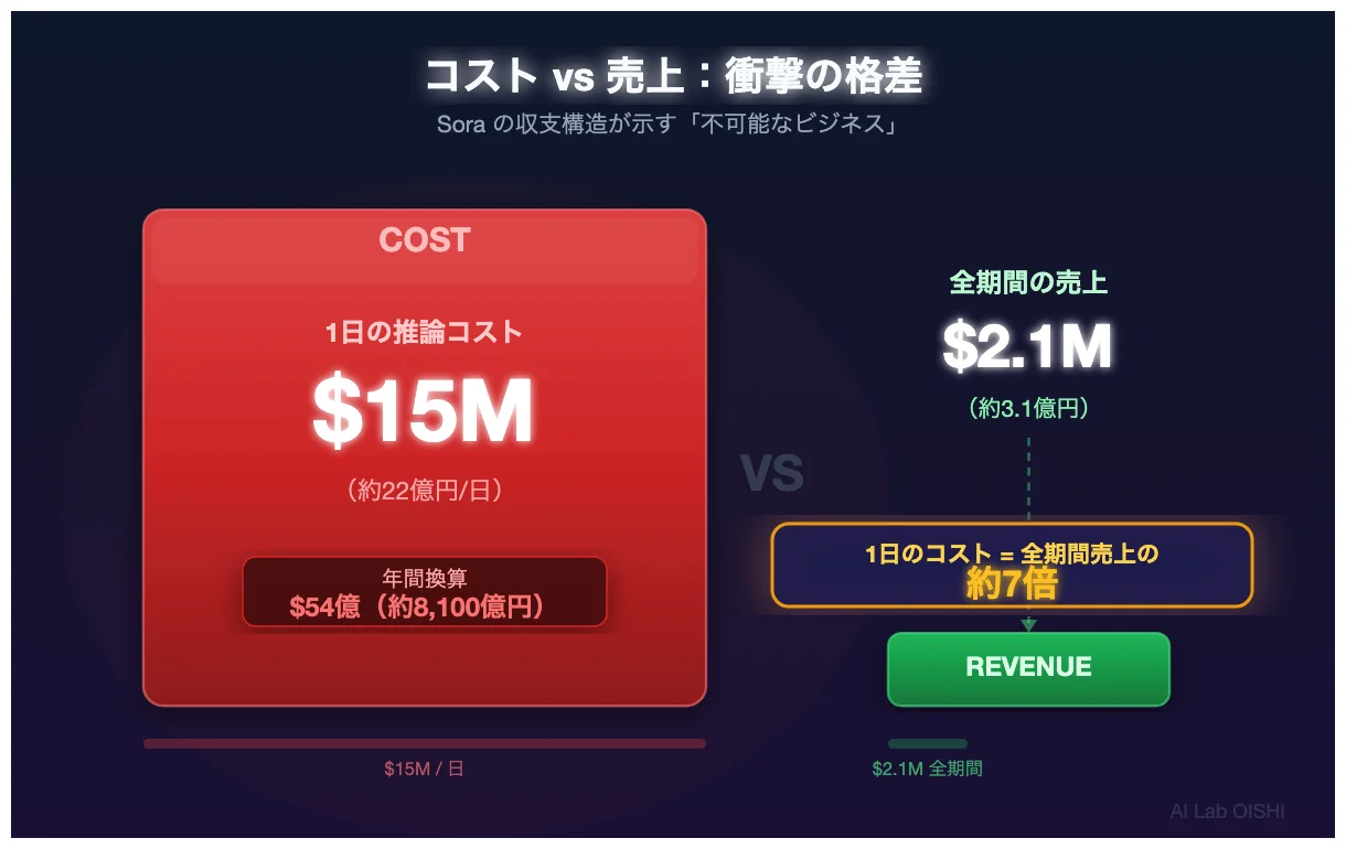 Soraの推論コストと売上の比較図。1日1500万ドルのコストに対し全期間売上210万ドル