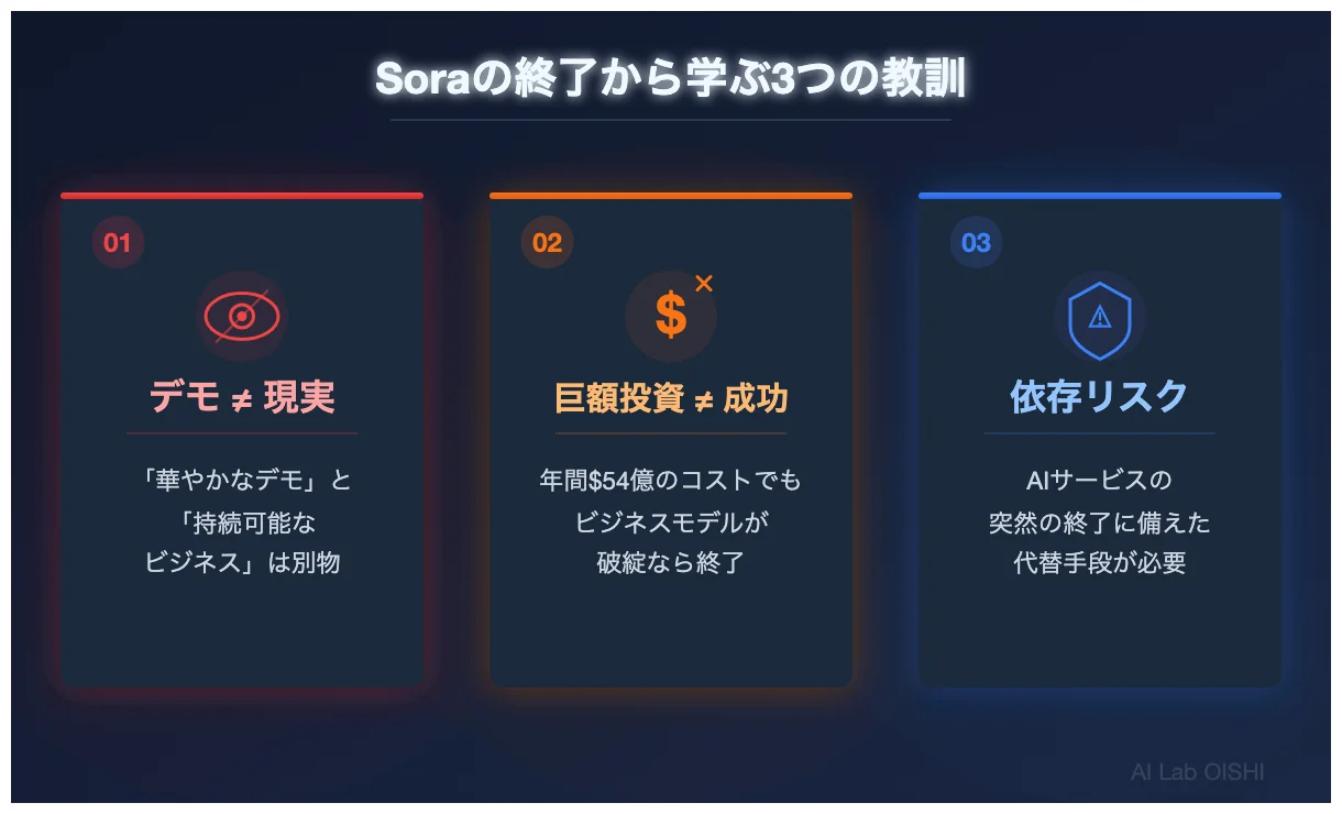 Soraの終了から得られる3つの教訓をまとめた図